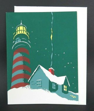 Red Stable Mid Century Christmas Card,  Snowy Lighthouse Scene,  6.  5 " X 5 "