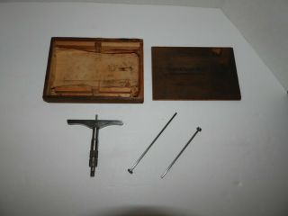 Vintage Brown & Sharpe Micrometer Depth Gage (607 R S) 4 " Base In Wooden Box.
