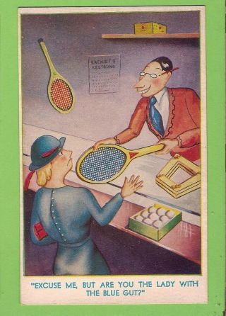 G.  Comic Tennis Postcard - Racquet,  Balls Etc