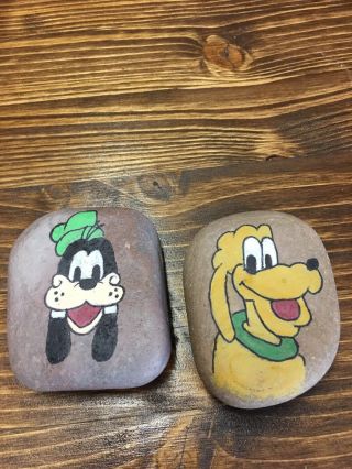 Hand Painted Rock Of Cartoon Characters.  Set Of 2 Disney Dogs.  Pluto And Goofy