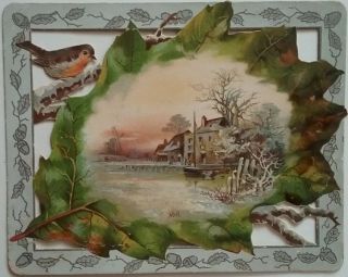 Lovely Design Antique Victorian Diecut Christmas Card.  Winter Scene 13x10.  5cm
