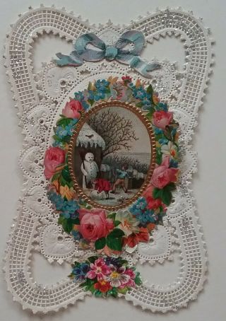 Lovely Emboss Chromo Victorian Paper Lace Christmas Card/ Winter Scene 11x7.  5cms