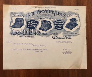 1902 Letterhead United Typewriter Agency Caligraph Densmore Yost Denver Co Stahl