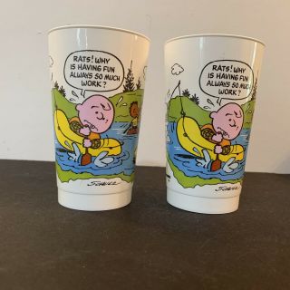 2 Vintage Peanuts Camp Snoopy Mcdonalds 1983 Plastic Cup Charlie Brown Rats Rare