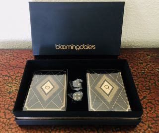 Bloomingdales Gift Set With 2 Decks Of Black & Gold Playing Cards With Dice