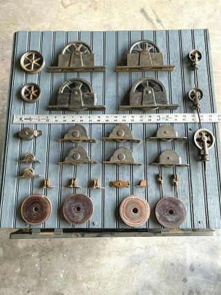 29 Rare Vintage Cast Iron,  Brass & Wood Stationary Pulley Collectible
