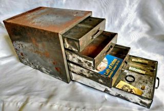 Vintage 4 Drawer Metal Tool Chest Cabinet Includes Bonus Items Found Inside