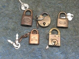 5 Different Old Miniature Padlock Lock All W/key.  Hand Made,  Mutual,  Yale Corbin