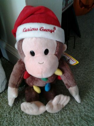 Curious George 12 " Monkey In Red Santa Hat With Christmas Lights Plush Doll Gund