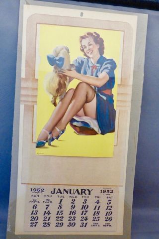 Vintage Gil Elvgren Sexy Large Pin - Up Calendar 1952 W.  Dog " A Peek - A - Knees "