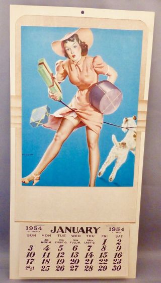 Vintage Gil Elvgren Sexy Large Pin - Up Calendar 1954 W.  Dog " Help Wanted
