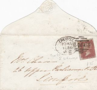1856 Qv Liverpool Sideways S Spoon Type B2 On Cover With A 1d Penny Red Stamp