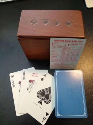 Vintage Playing Cards Storage Box,  Double Deck Holder Solid Wood W/ 1 Full Deck