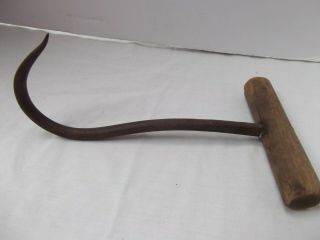 Vtg Large Antique Hay Bale Hook Cargo Tool Cast Iron Wood Wooden 10in