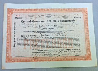Cortland Gouverneur Silk Mills Inc.  1917 Stock Certificate State Of York