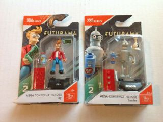Two Futurama Mega Construx Heros Series 2 Figures Fry & Bender Tv Show Toy