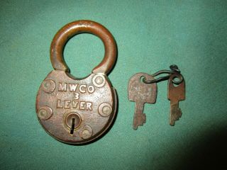 Vintage Brass Padlock Lock 705 M W Co.  3 Lever W/ 2 Keys - - Mallory Wheeler Co.