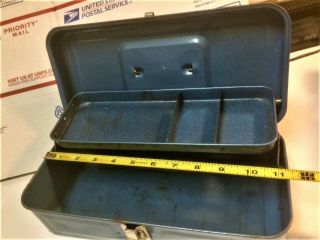Vintage Blue Metal Tool Box,  Fishing Tackle Box With Upper Attached Tray,  11 "