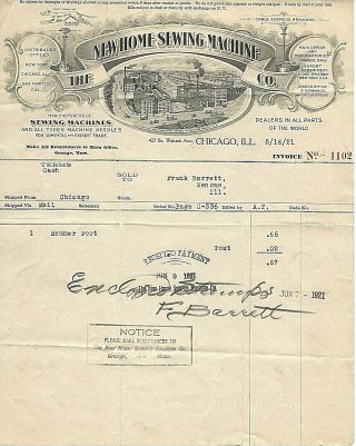 1921 The Home Sewing Machine Co.  Advertising Bill/letterhead Chicago,  Il 2