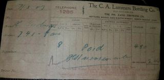 Vintage " The C.  A.  Lammers Bottling Co.  The Ph.  " Zang " Brewing Co.  Receipt 1907