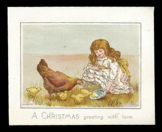S62 - Girl Feeding Chickens - Victorian Xmas Card