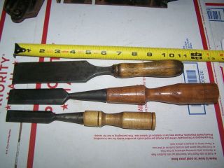 Old Wood Chisels 1 1/2 ",  1 " & 3/4 " Socket Chisel With Wooden Handles {3}