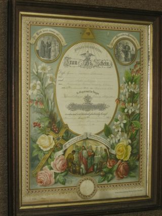 1890 Holmes County Ohio Amish German Color Marriage Certificate Framed
