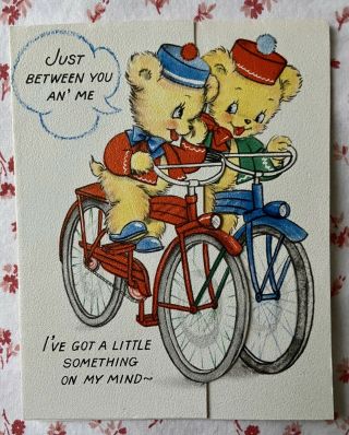 Vtg.  1942 Die - Cut Birthday Greeting Card Teddy Bears On Bicycles