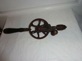 Vintage Wood Handle Hand Drill Old Antique Tool Egg Beater Hand Crank 14.  75 "