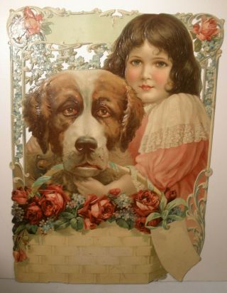 Embossed Lithograph Calendar Back With Girl And Dog