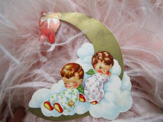 Vtg Diecut Angels on Moon Christmas Card Ornament Double Sided 1950 ' s Signed 2