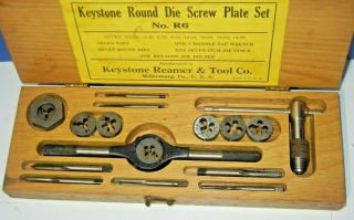 Vintage Keystone No R6 Round Die Screw Plate Set In Fitted Wood Box 7 Tap Sizes