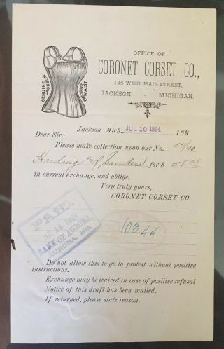 1894 Coronet Corset Co Billhead,  Jackson Michigan,  Vintage Clothing Receipt,  Old