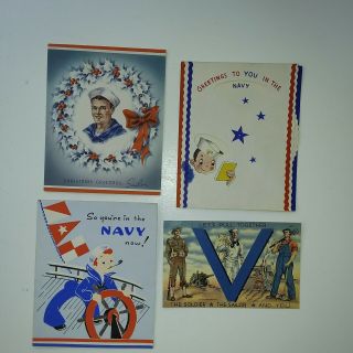 4 Patriotic Vintage Early 1940s Christmas Greeting Card Navy Soldier Ww2