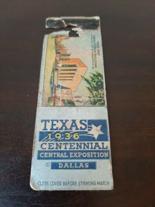 Vintage 1936 Texas Centennial Central Exposition Dallas Matchbook Cover K1