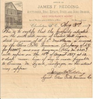 1887 James Redding Auctioneer Charleston Sc Illustrated Letterhead