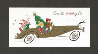 Mid Century Lady,  Family In Car Gifts Tree Vtg Hallmark Slim Jims Christmas Card