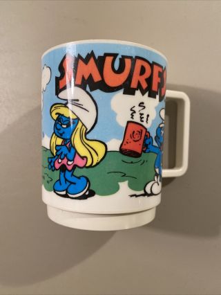 Vintage 1980 Smurf Cartoon Mug Childrens Plastic Cup Made In U.  S.  A.  Deka.  2c