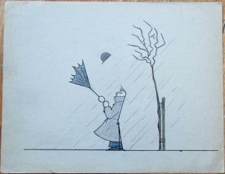 Art/hand - Drawn 1920s Art Deco Sketch: Man In Rain W/umbrella & Hat