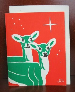 John Locke Mid Century Christmas Card W/ Envelope,  Two Deer 54