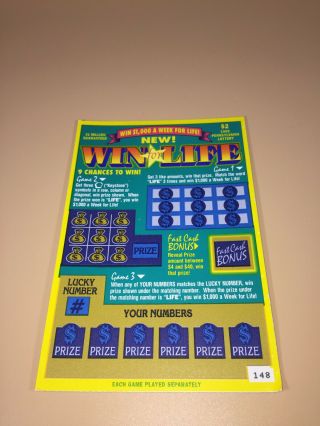 Vintage 1999 Pennsylvania,  Pa $2 Win For Life Expired Unscratched Lottery Ticket
