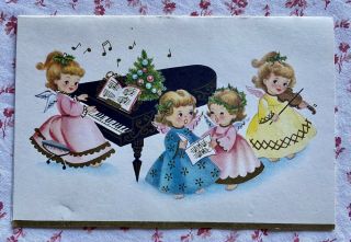 Vintage Mid Century Cute Little Girls Angels Music Piano Violin Greeting Card