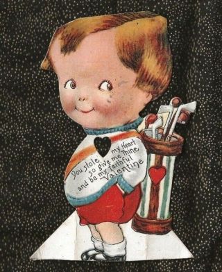 Antique Big - Headed Boy Valentine With Heart - Shaped Cut - Out Golfer With Clubs