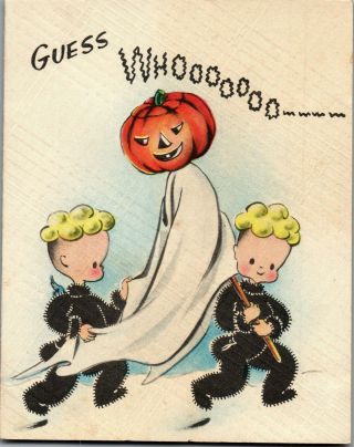 Happy Halloween Pumpkin Head Ghost Trick Or Treat Vtg Christmas Greeting Card