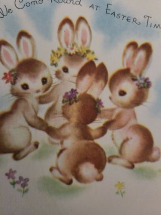 Vtg Rust Craft Easter Greeting Card Bunnies Rabbits " Here We Go Round " 1940s - 50s