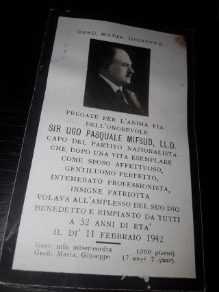 Malta P.  N.  - In Loving Memory Card - Sir Ugo Pasquale Mifsud Capo Del Partito 1942