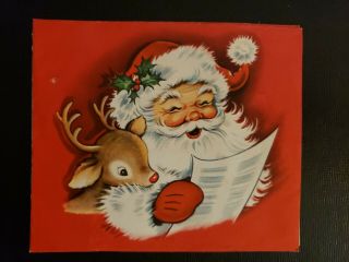 Vtg Christmas Greeting Card Santa Claus Rudolph Red Nosed Reindeer 1940 - 50s