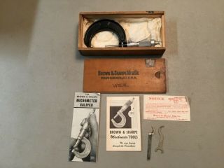 Vintage Brown & Sharpe No.  61 Rs Micrometer Caliper 1 - 2 " W/orig Box & Papers
