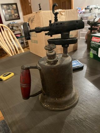 Vintage Clayton Lambert ? Brass Blow Torch With Red Wood Handle