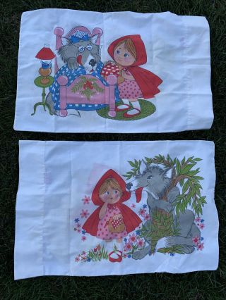 2 Vintage Pillowcases Little Red Riding Hood And The Wolf 1970